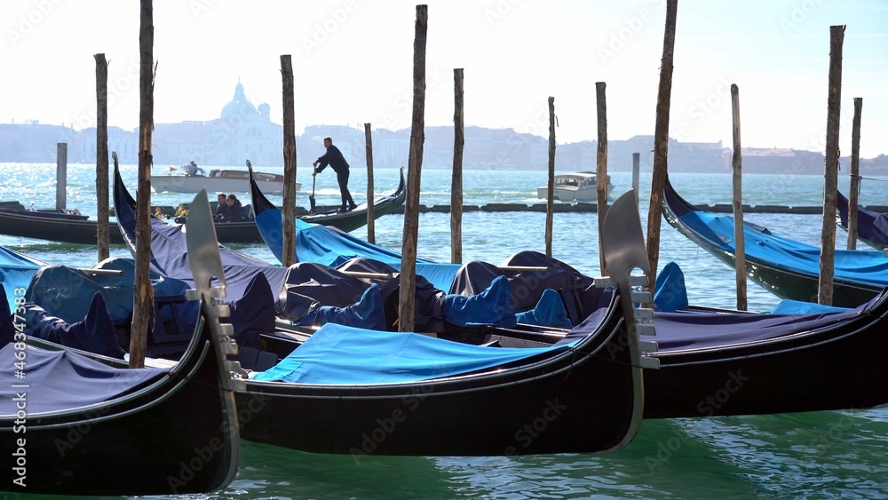 Europe, Venice November 2021 - Italy , Venice - Ancient  gondolas boats for tourists in the Venice lagoon - Resumption of tourism with the end of the lockdown due  Covid-19 Coronavirus - Canal Grande