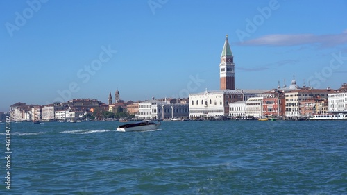 Europe, Venice November 2021 - Italy , Venice - Ancient gondolas boats for tourists in the Venice lagoon - Resumption of tourism with the end of the lockdown due Covid-19 Coronavirus - Canal Grande