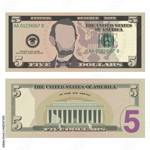 Five dollar bill, 5 US dollars banknote, from obverse and reverse. Simplified vector illustration of USD isolated on a white background