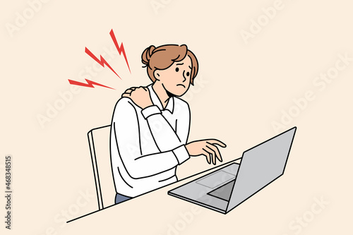 Unwell businesswoman sit at desk work on laptop suffer from neck pain overwhelmed with sedentary lifestyle. Unhealthy woman struggle with backache. Overwork. Flat vector illustration. 