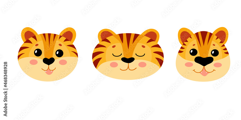 Fototapeta premium Set Muzzle of a Cute tiger. Symbol of the new year. Year of the tiger. Tabby kitten. Vector illustration isolated on white background.