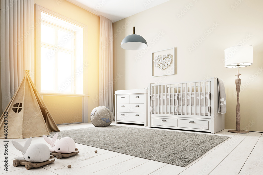 Kinderzimmer mit Babymöbel und Spielzeug im Altbau - obrazy, fototapety, plakaty 