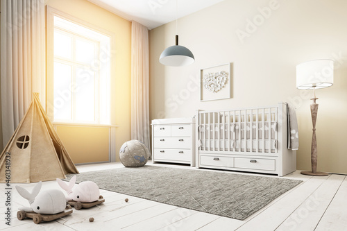 Kinderzimmer mit Babymöbel und Spielzeug im Altbau photo