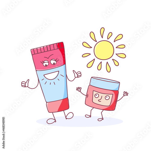 Cute beauty characters of cosmetic sunscreens with face, arms and legs isolated on white background. Sun protection in a tube and a jar. Vector hand drawn illustration