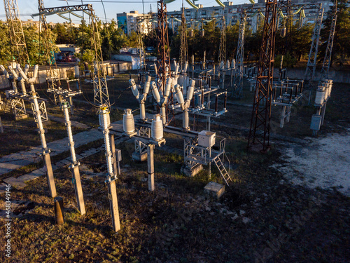 Aerial view of a high voltage power distribution substation. Electricity power substation plant. Transformer © Anton Tolmachov