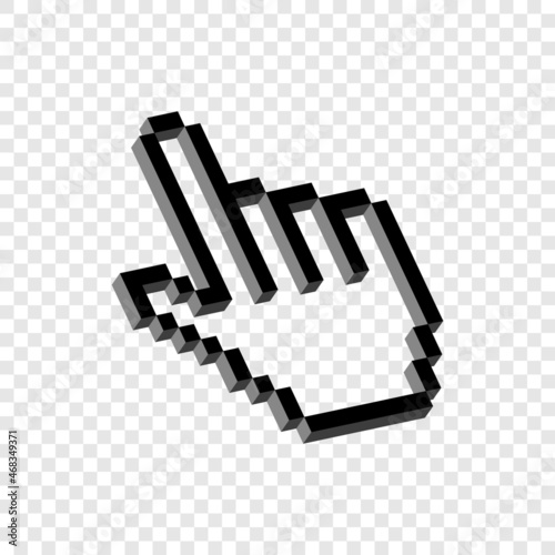 Pixel 3d hand pointer isolated. Omline cursor for links and selection of actions. Web referral for information and vector connection