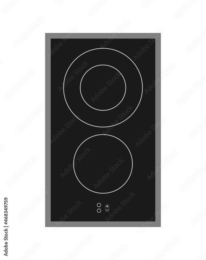 View from above of a two ring electric hob. Glass ceramic induction cooker. Black stove with metallic border isolated on white. View from above of a two ring electric hob. Glass ceramic induction cooker. Black stove with metallic border isolated on white.