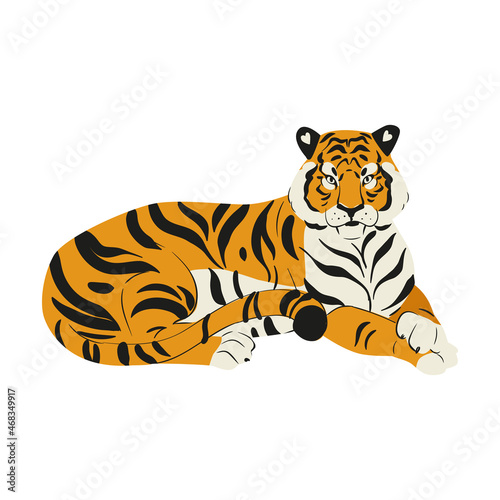 Fototapeta Naklejka Na Ścianę i Meble -  Amur tiger lies isolated on white background. Vector tiger side view. Endangered animal