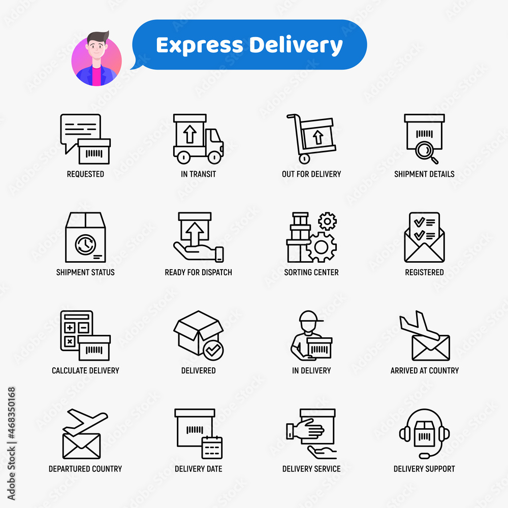 Express delivery thin line icons set: parcel, truck, out for delivery, searchong of shipment, courier, sorting center, dispatch, registered, delivered. Modern vector illustration. Express delivery thin line icons set: parcel, truck, out for delivery, searchong of shipment, courier, sorting center, dispatch, registered, delivered. Modern vector illustration.