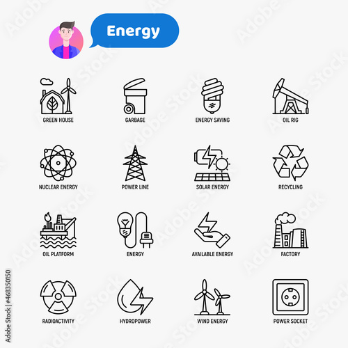 Energy thin line icon: factory, oil platform, hydropower, wind energy, power socket, radioactivity, garbage, oil rig, green house, solar energe, recycling, nuclear energy. Modern vector illustration