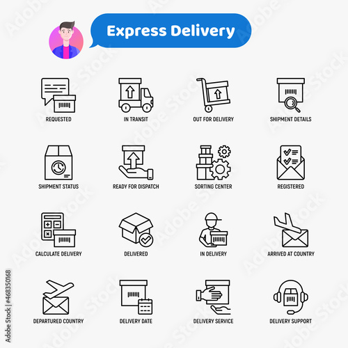 Express delivery thin line icons set: parcel, truck, out for delivery, searchong of shipment, courier, sorting center, dispatch, registered, delivered. Modern vector illustration.