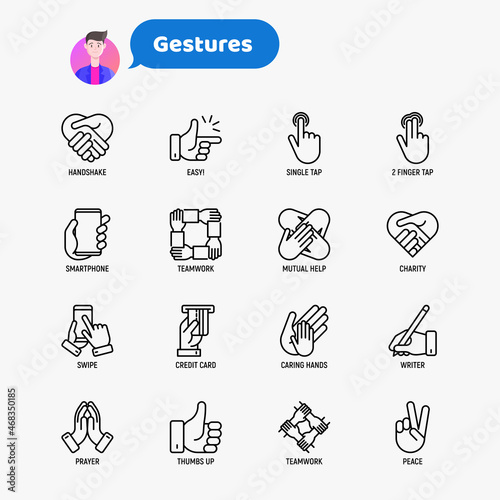 Hands gestures thin line icons set: handshake; easy sign; single tap; 2 finger tap; holding smartphone; teamwork; mutual help; swipe; insert credit card; prayer. Modern vector illustration.