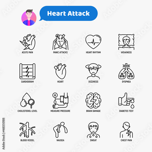 Heart attack symptoms thin line icons set: dizziness, dyspnea, cardiogram, panic attack, weakness, acute pain, cholesterol level, nausea, diabetes. Modern vector illustration.
