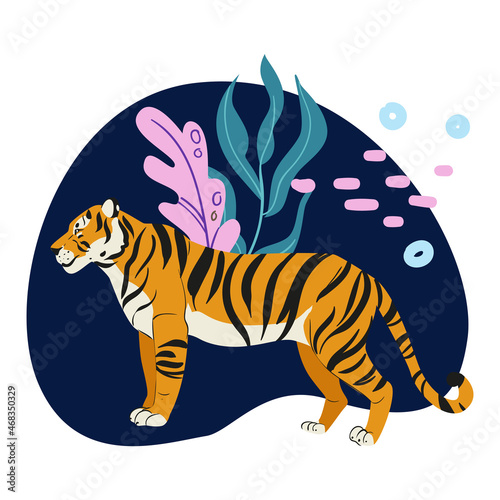 Amur tiger sitting in plants and algae isolated on white background. Vector tiger side view. Endangered animal