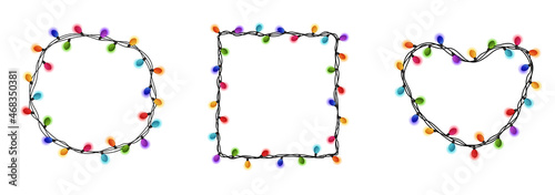 Christmas lights frame. Glowing lights banner different shape. Colorful christmas garlands frame. Red, yellow, green, plum, blue Christmas lights. Happy new year decor string lights. Cartoon lights.