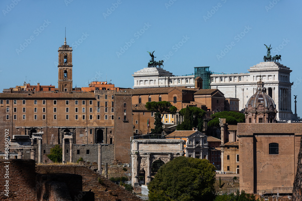 View of the Roma Imperiale (Imperial Rome) and the Colosseo and Forum in Roma, Lazio, Italy.