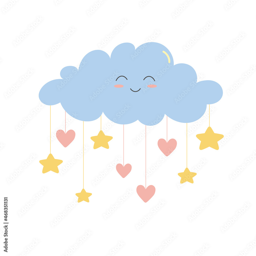Fototapeta premium Cute smiling cloud with stars and hearts. Cartoon character in flat style. Isolated vector illustration