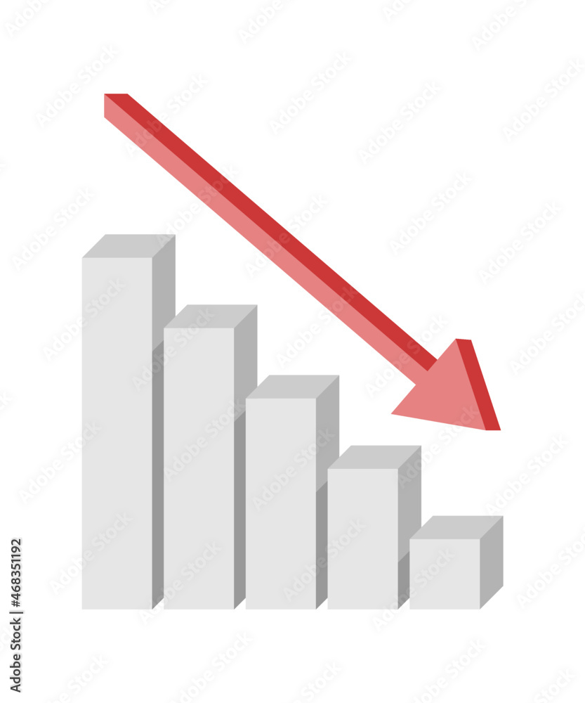 Graph representing the gradual decrease in income. Bar chart with an arrow above. Graph representing the gradual decrease in income. Bar chart with an arrow above.
