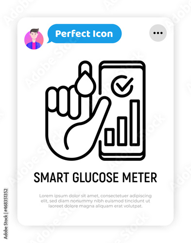 Smart glucose meter thin line icon: hand with blood drop and smartphone with a result. Modern vector illustration of diabetes monitoring.