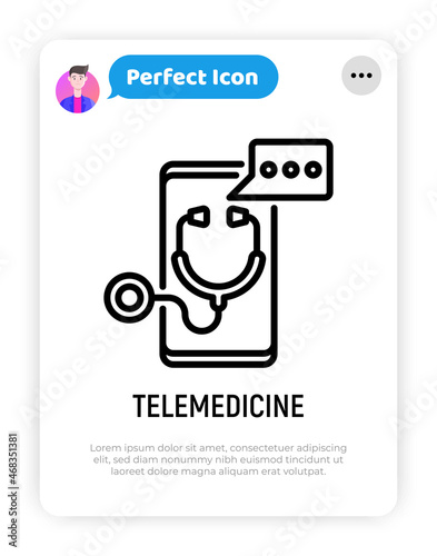 Telemedicine thin line icon, stethoscope with speech bubble on screen of smartphone. Modern vector illustration of online medical consultant.