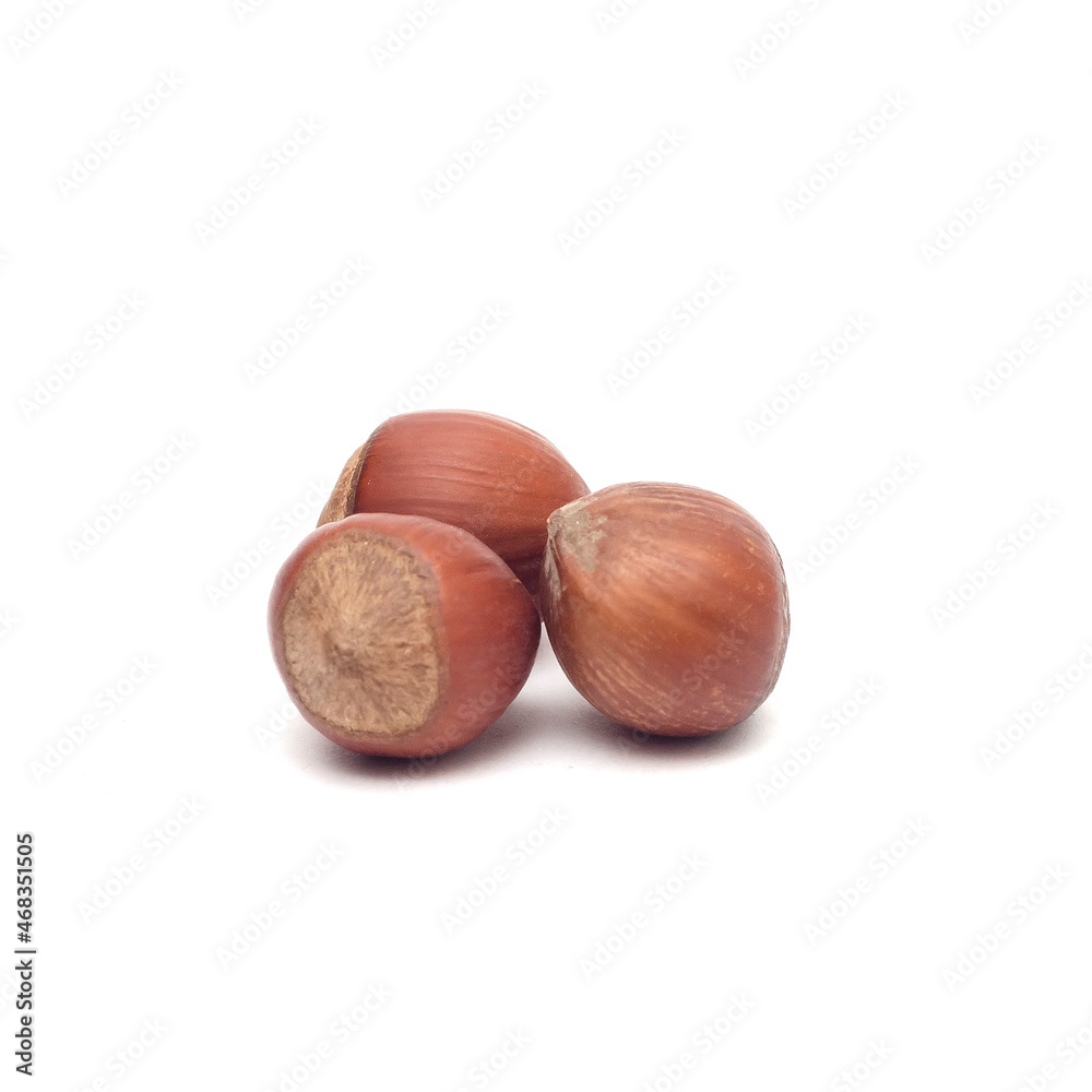 Three hazelnuts isolated on a white background Three hazelnuts isolated on a white background