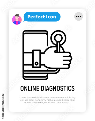 Telemedicine. Online diagnostics thin line icon: hand with stethoscope from screen of smartphone. Modern vector illustration of online medical consultant.