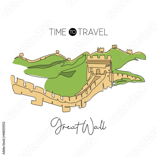One continuous line drawing Great Wall of Badaling landmark. World famous place in Beijing, China. Holiday home decor wall art poster print concept. Modern single line draw design vector illustration