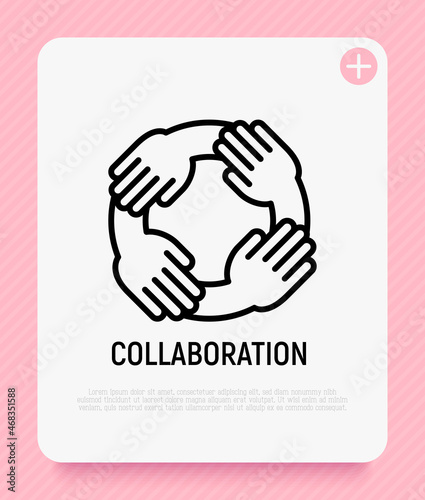 Collaboration thin line icon: four hands holding each other. Modern vector illustration of teamwork, support, partnership.