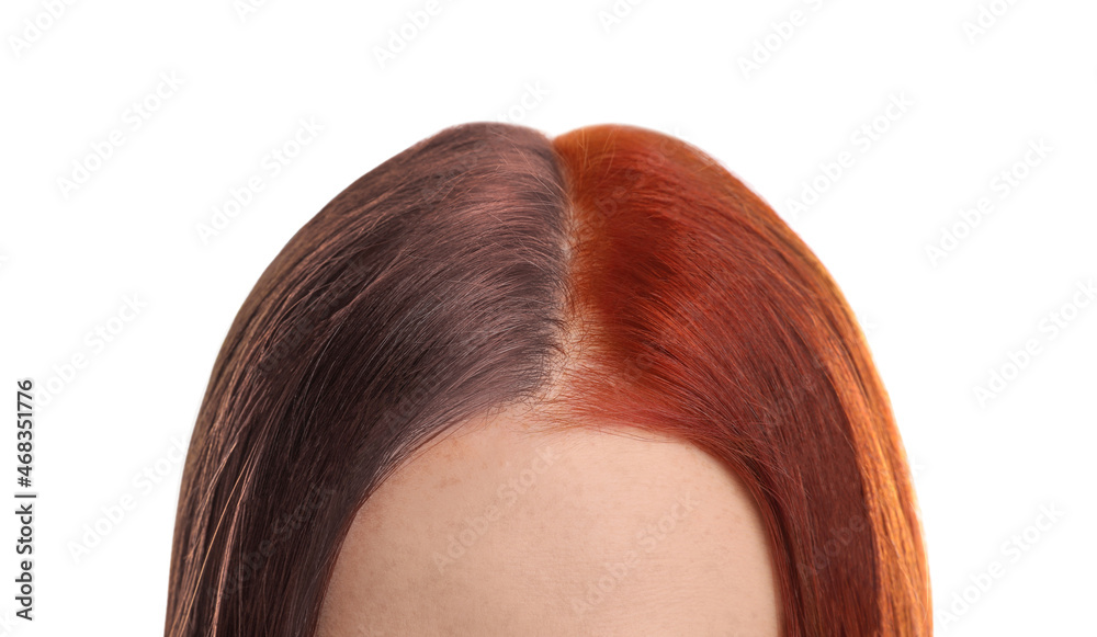 Closeup view of young woman before and after hair dyeing on white background