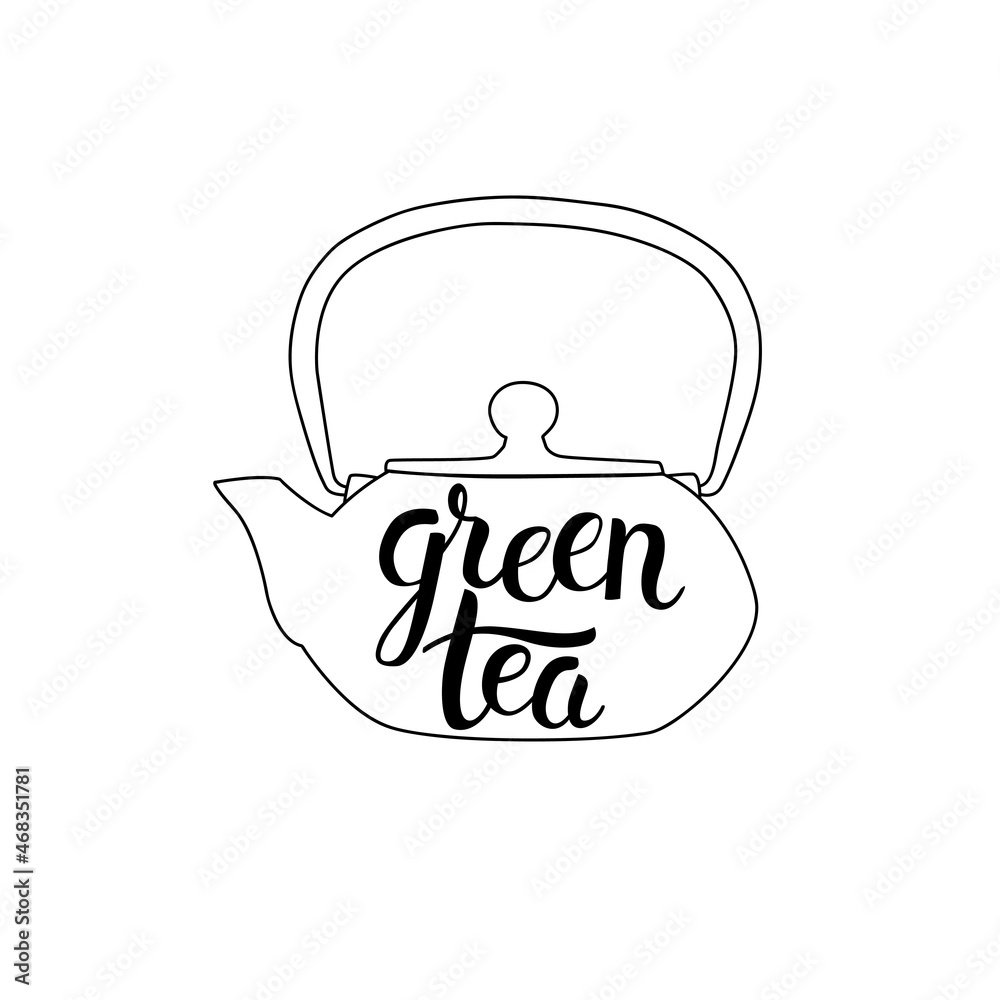 Green tea lettering and teapot. Hand drawn calligraphy and brush pen lettering phrase. Isolated vector illustration Green tea lettering and teapot. Hand drawn calligraphy and brush pen lettering phrase. Isolated vector illustration