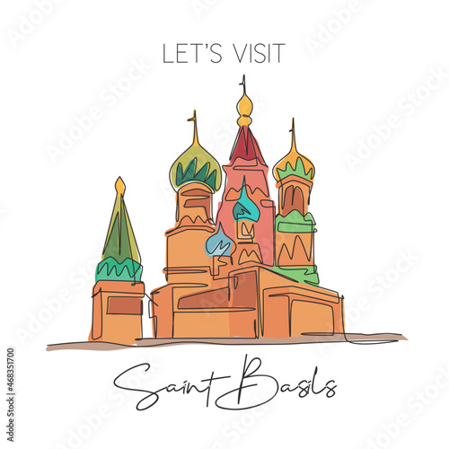 Single continuous line drawing Saint Basil's landmark. Beauty famous place in Moscow, Russia. World travel wall decor home art poster print concept. Modern one line draw design vector illustration
