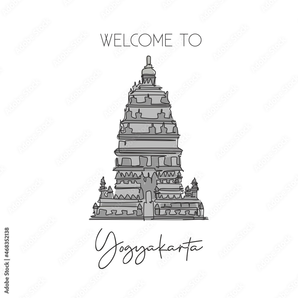 One continuous line drawing Prambanan Temple landmark. World iconic place in Jogjakarta, Indonesia. Holiday vacation wall decor poster print concept. Modern single line draw design vector illustration