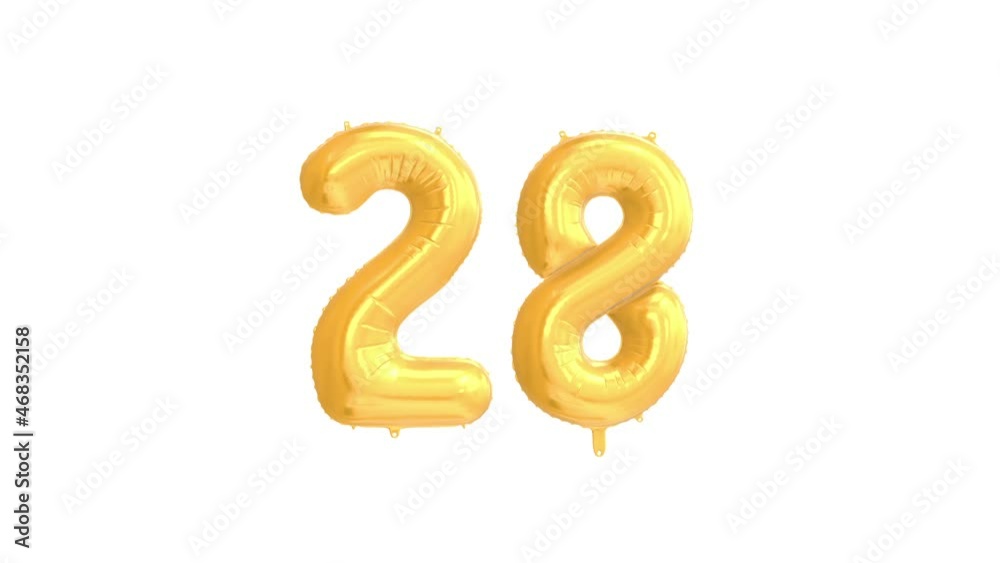 Helium Gold Balloon with Number - 28. Loop Animation with Alpha Luma Matte and Green Screen Background.