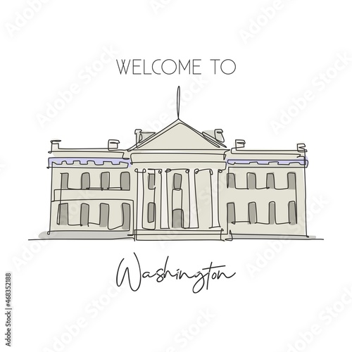 Single continuous line drawing of welcome to White House landmark. Beauty famous place in Washington DC, United States. World travel campaign concept. Modern one line draw design vector illustration