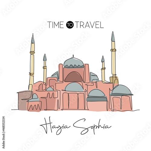 One continuous line drawing Hagia Sophia mosque. World beauty iconic landmark in Istanbul Turkey. Wall decor home art poster print concept. Modern single line draw design vector graphic illustration