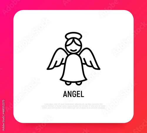 Angel with nimbus thin line icon. Symbol of Christmas or Valentine's day. Modern vector illustration.