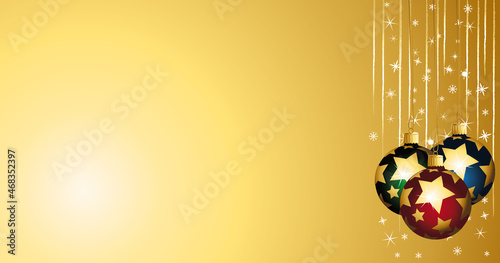 Golden and colorful christmas ornaments banner. Vector illustration.