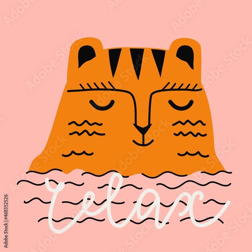 Vector illustration with swimming tiger, doodle waves and lettering word Relax. Cute print design with wild animal