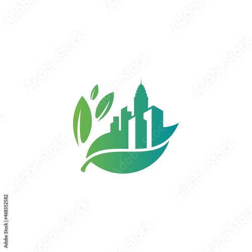 green city logo with green leaf and building