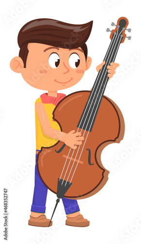 Cello player icon. Boy perfom music on bass violin