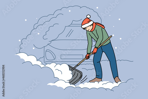 Man with shovel clean snow outdoor dig out car on winter morning. Male in outerwear shoveling near automobile in snowdrift or pile. Blizzard and storm effect. Flat vector illustration.