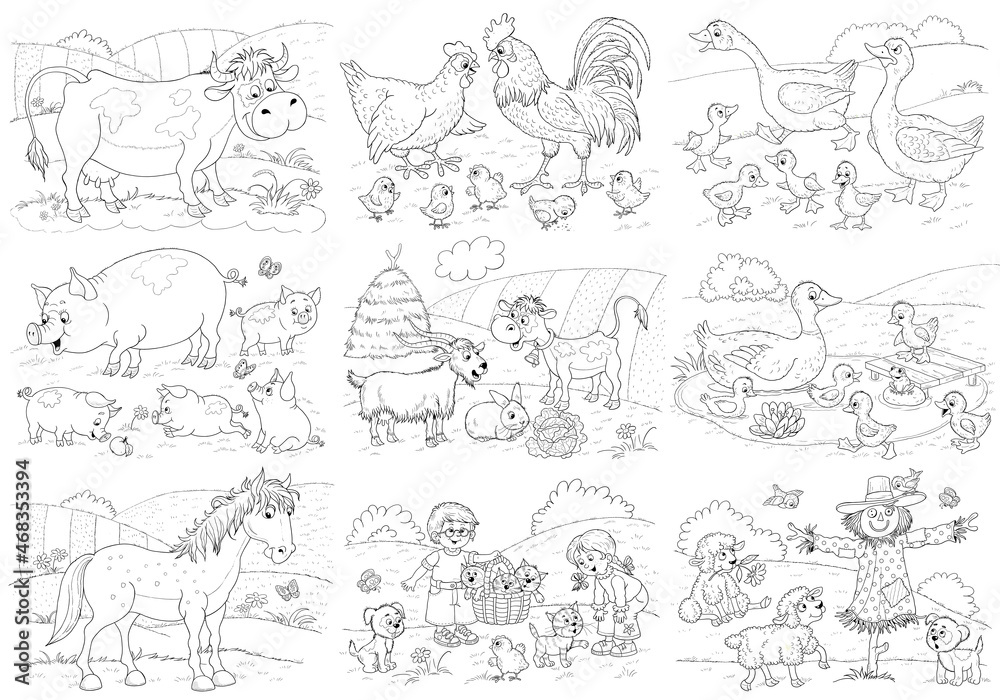 Obraz premium Set of cute and funny farm animals. Illustration for children. Clipart. Poster. Coloring page. Cute and funny cartoon characters