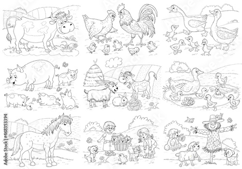 Set of cute and funny farm animals. Illustration for children. Clipart. Poster. Coloring page. Cute and funny cartoon characters © Hasmik