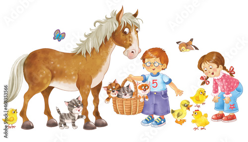 Set of cute and funny farm animals. Illustration for children. Clipart. Poster. Coloring page. Cute and funny cartoon characters