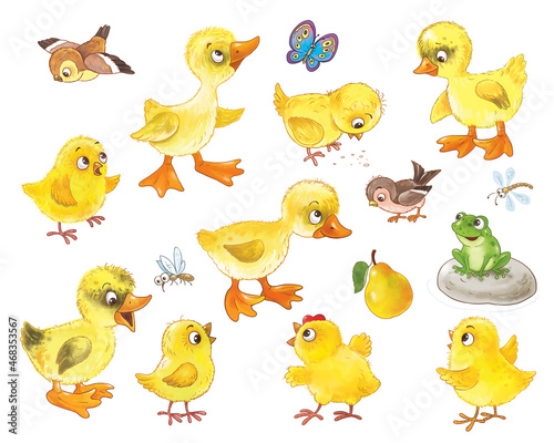 Set of cute and funny farm animals. Illustration for children. Clipart. Poster. Coloring page. Cute and funny cartoon characters