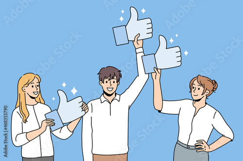 Smiling clients show likes give positive feedback to company. Happy customers recommend good quality product service. Consumerism, survey, marketing concept. Flat vector illustration. 