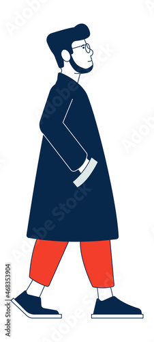 Walking man in coat. Bearded guy in glasses. Side view