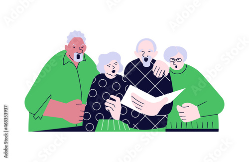 Elderly people choral singing from song book together photo