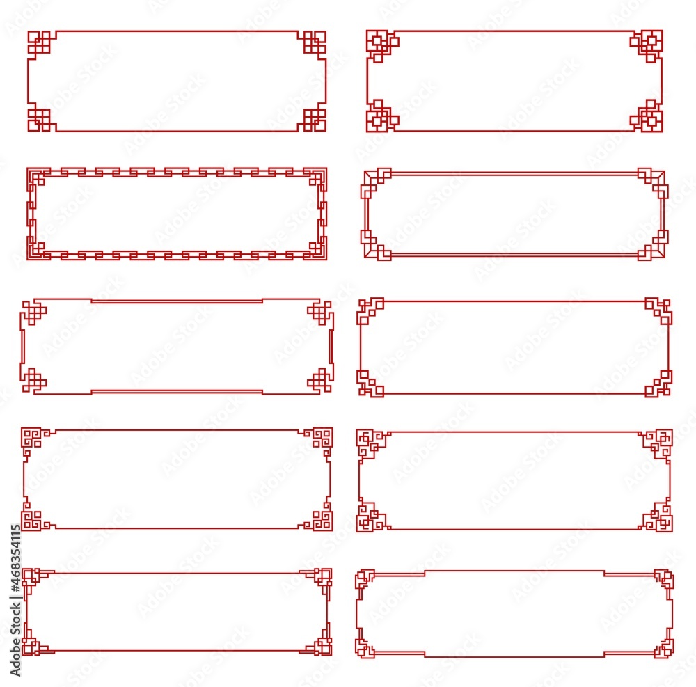 Red knot asian frames and borders. Korean, Chinese and Japanese rectangular frames with endless vintage vector line ornaments, ancient oriental borders, asia traditional line decorations collection - obrazy, fototapety, plakaty 