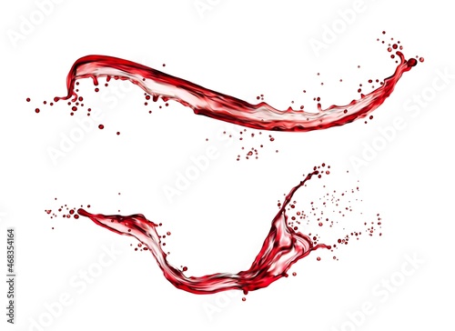 Red wine or juice isolated liquid splash and wave. Realistic vector cranberry, grape and cherry berries juice swirl with splatters. Pomegranate, raspberry and strawberry drink or syrup spill splash